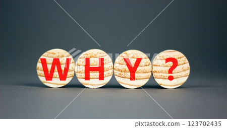 Why question symbol. Concept word Why question on beautiful wooden circles. Beautiful grey table grey background. Business, lifestyle, support and why question concept. Copy space. 123702435