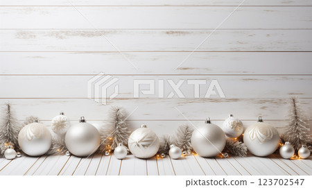Elegant White and Silver Christmas Decorations on Wooden Background 123702547