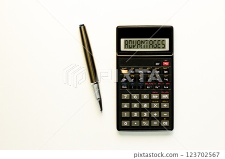 Advantages symbol. Concept word Advantages on beautiful black calculator. Beautiful white paper background. Beautiful black pen. Business advantages concept. Copy space. Advantages symbol. Concept word Advantages on beautiful black calculator. Beautiful white paper background. Beautiful black pen. Business advantages concept. Copy space. 123702567