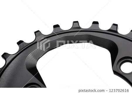 Close up of a black oval bicycle chainring against white isolated background, lies flat on the surface. Professional bicycle part. 123702616