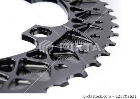 Close up of a black oval bicycle chainring against white isolated background, lies flat on the surface. Professional bicycle part. Close up of a black oval bicycle chainring against white isolated background, lies flat on the surface. Professional bicycle part. 123702621