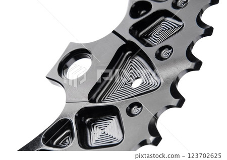 Close up of a black oval bicycle chainring against white isolated background, lies flat on the surface. Professional bicycle part. Close up of a black oval bicycle chainring against white isolated background, lies flat on the surface. Professional bicycle part. 123702625