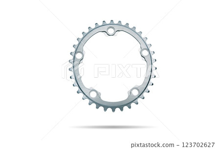 Silver round bicycle chainring against white isolated background, floating above the surface. Professional bicycle part. 123702627