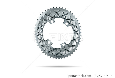 Silver oval bicycle chainring against white isolated background, floating above the surface. Professional bicycle part. Silver oval bicycle chainring against white isolated background, floating above the surface. Professional bicycle part. 123702628