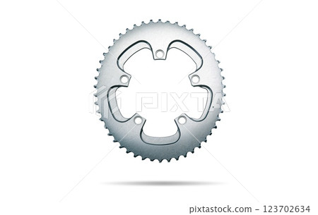 Silver oval bicycle chainring against white isolated background, floating above the surface. Professional bicycle part. 123702634