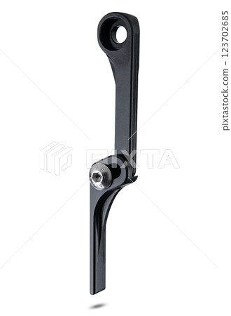 Front site of a black colored bicycle Road Chain catcher isolated on white background floating above the ground. Front site of a black colored bicycle Road Chain catcher isolated on white background floating above the ground. 123702685