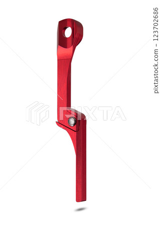 Back site of a red colored bicycle Road Chain catcher isolated on white background floating above the ground. Back site of a red colored bicycle Road Chain catcher isolated on white background floating above the ground. 123702686