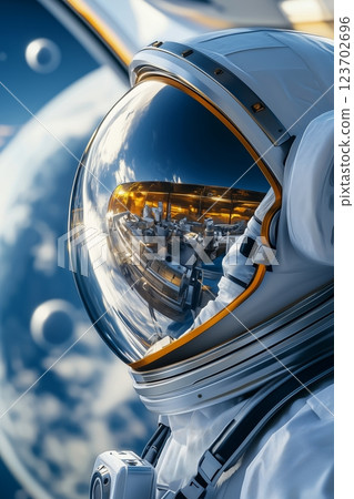 Astronaut observes metallic surface blending cosmic views technological brilliance reflecting exploration. Golden hues radiate through visor emphasizing universal connection  123702696
