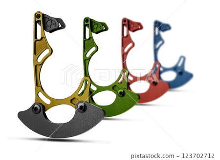 Taco Bashguard bicycle part designed for bicycle chainrings isolated on white background floating above the ground. Taco Bashguard bicycle part designed for bicycle chainrings isolated on white background floating above the ground. 123702712