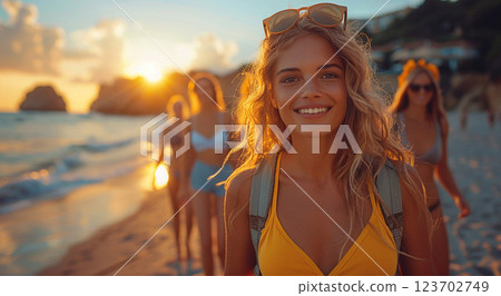 Happy smiling young women walking on beach at sunset during summer holiday.Macro.AI Generative. 123702749