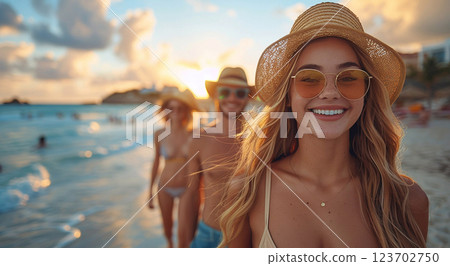 Happy smiling young women walking on beach at sunset during summer holiday.Macro.AI Generative. Happy smiling young women walking on beach at sunset during summer holiday.Macro.AI Generative. 123702750