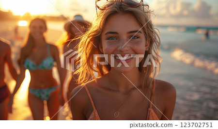 Happy smiling young women walking on beach at sunset during summer holiday.Macro.AI Generative. 123702751