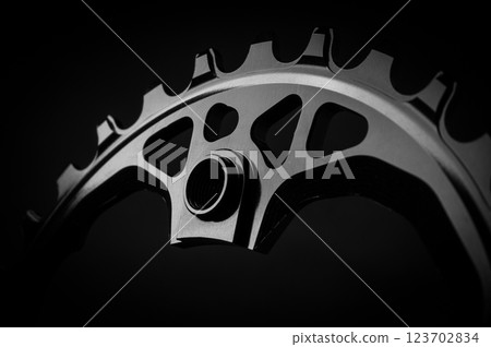 Black oval bicycle chainring against dark background, professional bicycle part. 123702834