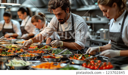Diverse of chefs cooks working in kitchen of fine restaurant during workshop kitchen.AI Generative. 123702845