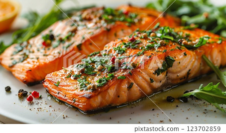 Tasty grilled salmon trout fillets and herbs with spices.Macro.AI Generative. Tasty grilled salmon trout fillets and herbs with spices.Macro.AI Generative. 123702859