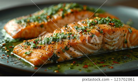 Tasty grilled salmon trout fillets and herbs with spices.Macro.AI Generative. Tasty grilled salmon trout fillets and herbs with spices.Macro.AI Generative. 123702861