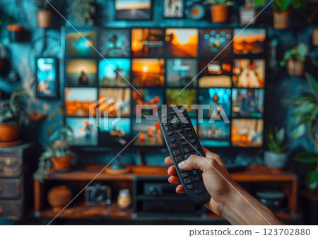 Hand with remote control and tv with various channels as multimedia streaming concept.AI Generative. 123702880