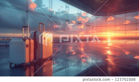 Suitcases luggage in empty airport hall, morning travel holiday concept.Macro.AI Generative. 123702886