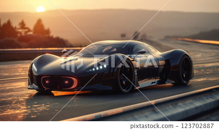 Black luxury sport car on high speed riding highway road track leaving vivid.Macro.AI Generative. 123702887