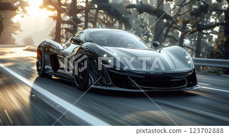 Black luxury sport car on high speed riding highway road track leaving vivid.Macro.AI Generative. 123702888