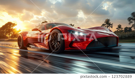 Red luxury sport car on high speed riding highway road track leaving vivid.Macro.AI Generative. 123702889