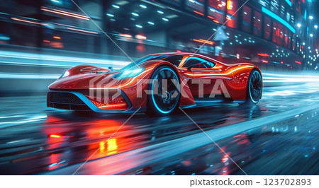 Red luxury sport car riding high speed in fast rally track leaving vivid bloody.AI Generative. 123702893