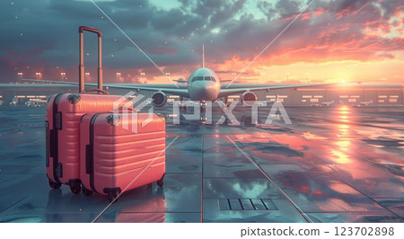 Luggage pieces standing outside airport waiting for loading proccess.Macro.AI Generative. 123702898