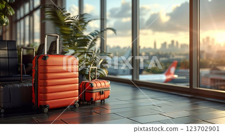 Luggage pieces standing outside airport waiting for loading proccess.Macro.AI Generative. 123702901