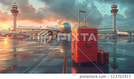 Luggage pieces standing outside airport waiting for loading proccess.Macro.AI Generative. 123702913