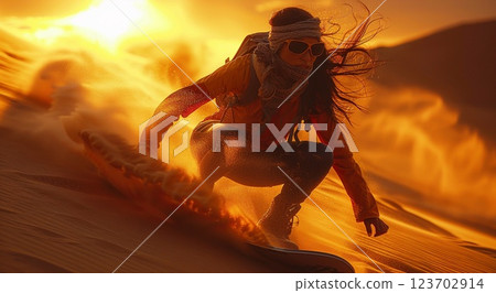 Young woman sand surfer surfing on sand board in summer desert.Macro.AI Generative. Young woman sand surfer surfing on sand board in summer desert.Macro.AI Generative. 123702914