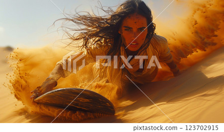 Young woman sand surfer surfing on sand board in summer desert.Macro.AI Generative. Young woman sand surfer surfing on sand board in summer desert.Macro.AI Generative. 123702915