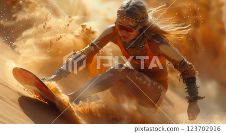 Young woman sand surfer surfing on sand board in summer desert.Macro.AI Generative. Young woman sand surfer surfing on sand board in summer desert.Macro.AI Generative. 123702916