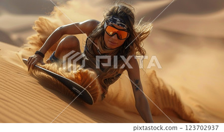 Young woman sand surfer surfing on sand board in summer desert.Macro.AI Generative. 123702937