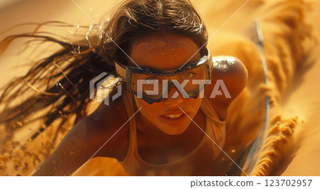 Young woman sand surfer surfing on sand board in summer desert.Macro.AI Generative. Young woman sand surfer surfing on sand board in summer desert.Macro.AI Generative. 123702957