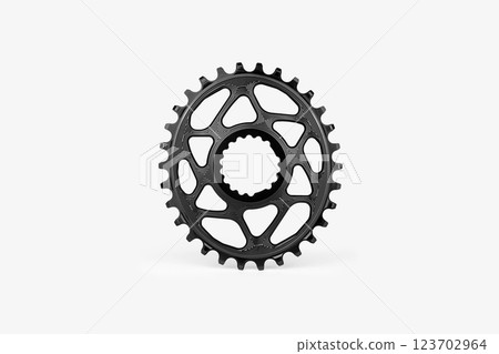 Black oval bicycle chainring against white isolated background, floating above the surface. Professional bicycle part. 123702964