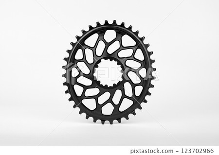 Black oval bicycle chainring against white isolated background, floating above the surface. Professional bicycle part. Black oval bicycle chainring against white isolated background, floating above the surface. Professional bicycle part. 123702966