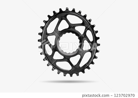 Black oval bicycle chainring against white isolated background, floating above the surface. Professional bicycle part. Black oval bicycle chainring against white isolated background, floating above the surface. Professional bicycle part. 123702970