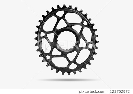 Black oval bicycle chainring against white isolated background, floating above the surface. Professional bicycle part. Black oval bicycle chainring against white isolated background, floating above the surface. Professional bicycle part. 123702972