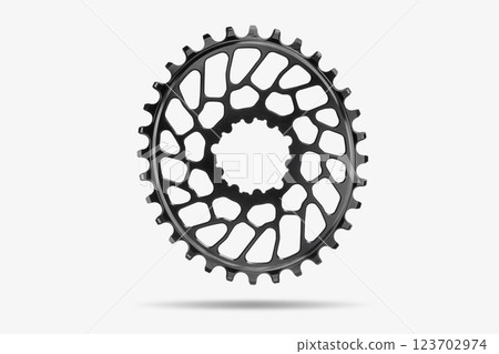 Black oval bicycle chainring against white isolated background, floating above the surface. Professional bicycle part. Black oval bicycle chainring against white isolated background, floating above the surface. Professional bicycle part. 123702974