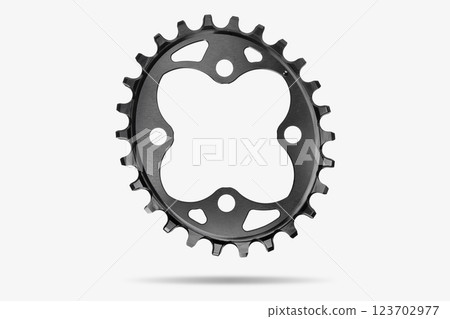 Black oval bicycle chainring against white isolated background, floating above the surface. Professional bicycle part. Black oval bicycle chainring against white isolated background, floating above the surface. Professional bicycle part. 123702977