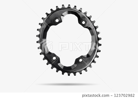 Black oval bicycle chainring against white isolated background, floating above the surface. Professional bicycle part. 123702982