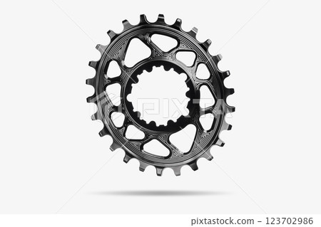 Black oval bicycle chainring against white isolated background, floating above the surface. Professional bicycle part. Black oval bicycle chainring against white isolated background, floating above the surface. Professional bicycle part. 123702986