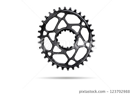 Black oval bicycle chainring against white isolated background, floating above the surface. Professional bicycle part. 123702988