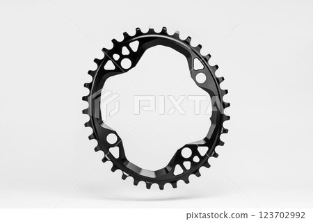 Black oval bicycle chainring against white isolated background, floating above the surface. Professional bicycle part. Black oval bicycle chainring against white isolated background, floating above the surface. Professional bicycle part. 123702992