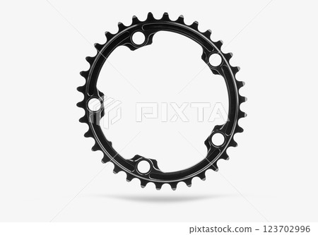 Black oval bicycle chainring against white isolated background, floating above the surface. Professional bicycle part. Black oval bicycle chainring against white isolated background, floating above the surface. Professional bicycle part. 123702996