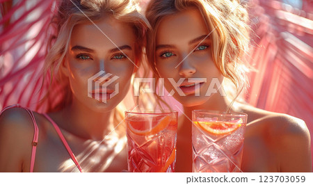 Two beautiful young women with summer cocktails on pink background with palm.Macro.AI Generative. 123703059