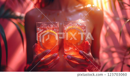 Young woman holding glasses of summer cocktail with orange slice on pink background.AI Generative. 123703060
