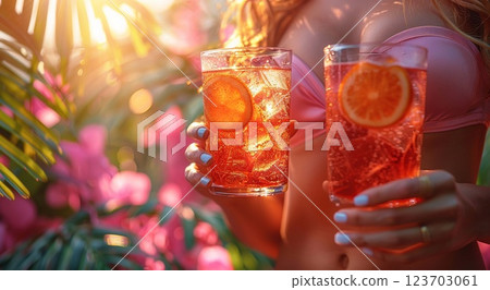 Young woman holding glasses of summer cocktail with orange slice on pink background.AI Generative. 123703061