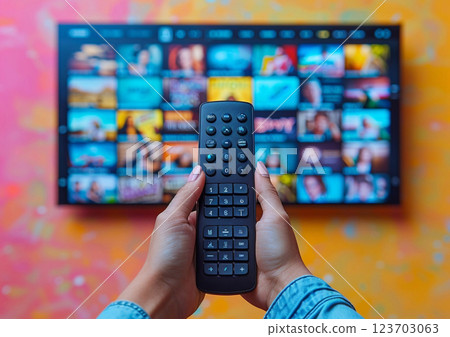 Hand holding remote control with large tv on background as multimedia streaming.Macro.AI Generative. 123703063