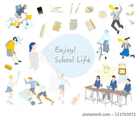 坐在課桌前的男女學生 - 考生支援 - 學校生活 - 學校生活設定圖示向量插圖素材 123703072